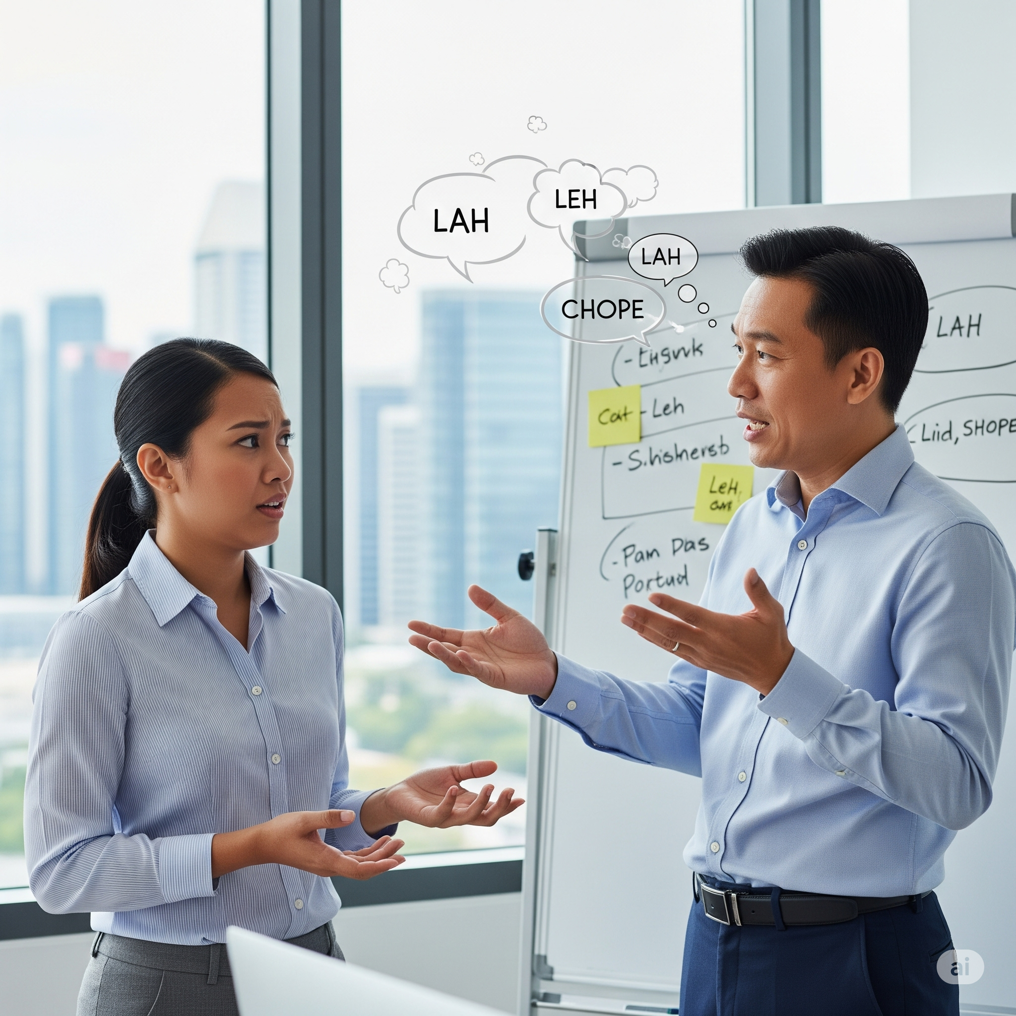 A colorful graphic explaining common Singlish phrases